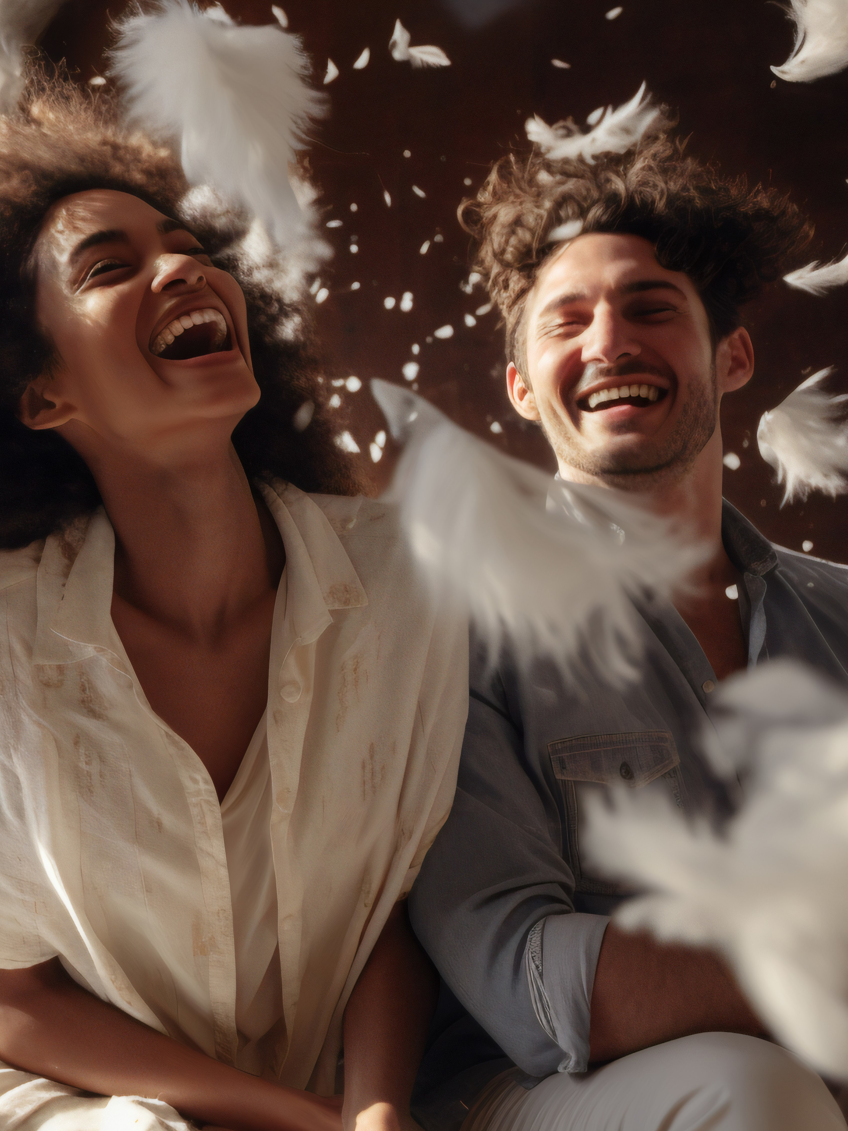 A young couple engajed in pillowfighting